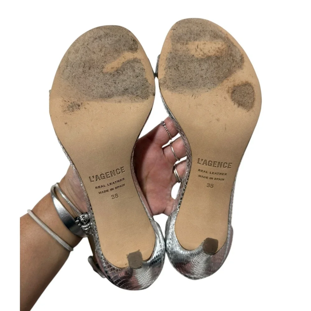 L'AGENCE Gisele II Heel Snakeskin Print Ankle Strap Silver Sandals Size 38 EUC